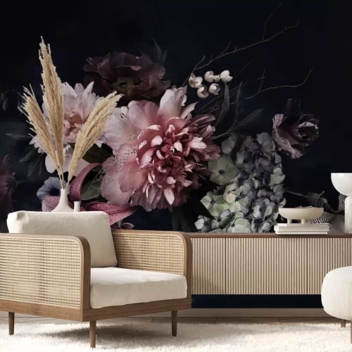 Papier peint  Fleurs de style baroque sur fond sombre