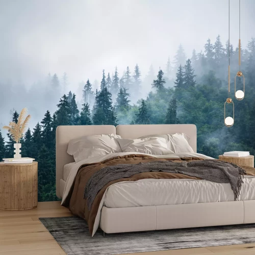 Papier peint  Forêt de conifères vert foncé dans la brume