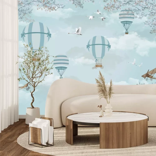 Papier peint  Ballons bleus et avions sur le ciel