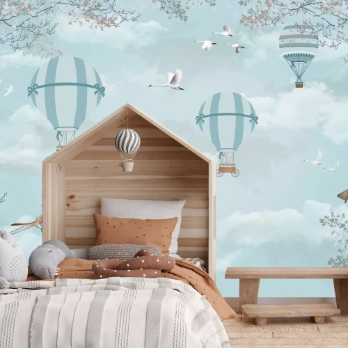 Papier peint  Ballons bleus et avions sur le ciel