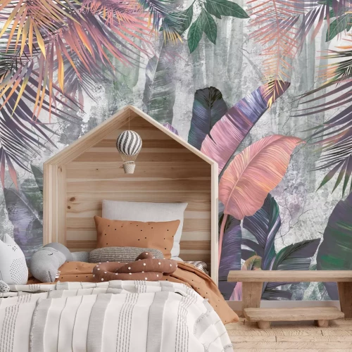 Papier peint  Feuilles colorées de palmier et de bananier sur fond en béton