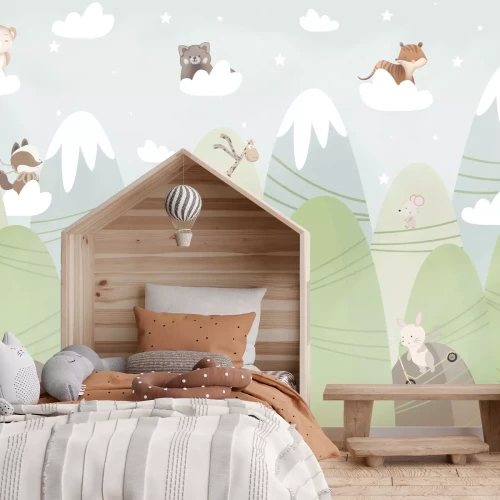 Papier peint  Paysage avec des montagnes animaux sur les nuages ​​paysage de conte de fées