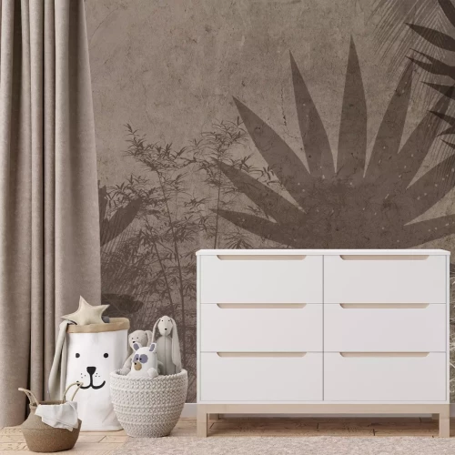 Papier peint  Feuilles tropicales sur fond marron