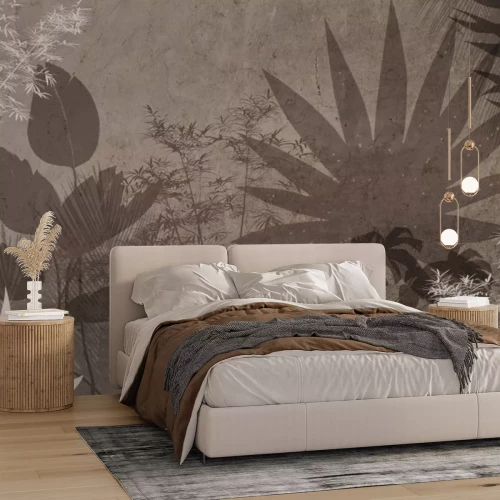 Papier peint  Feuilles tropicales sur fond marron