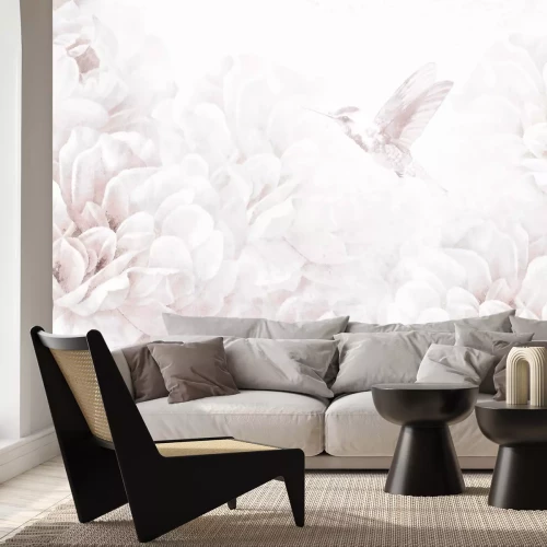 Papier peint  Colibri Parmi des Fleurs de Pivoine Pastel