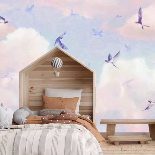 Papier peint  Oiseaux sur un Fond de Nuages Pastel