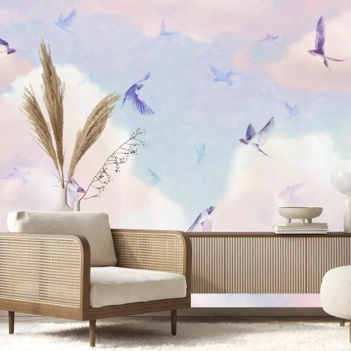 Papier peint  Oiseaux sur un Fond de Nuages Pastel