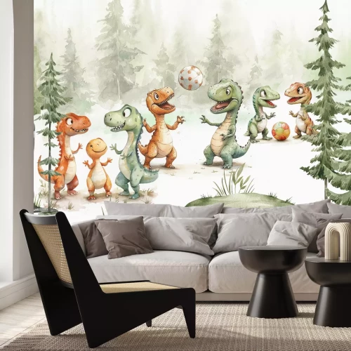 Papier peint  Dinosaures avec un ballon dans une forêt aquarelle