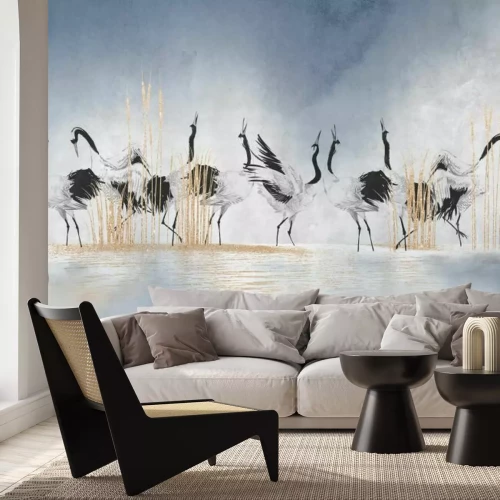 Papier peint  Oiseaux debout sur l'eau avec des herbes