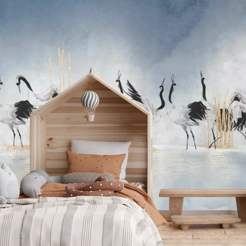 Papier peint  Oiseaux debout sur l'eau avec des herbes