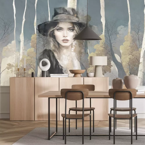 Papier peint  Femme avec un chapeau dans un paysage forestier abstrait