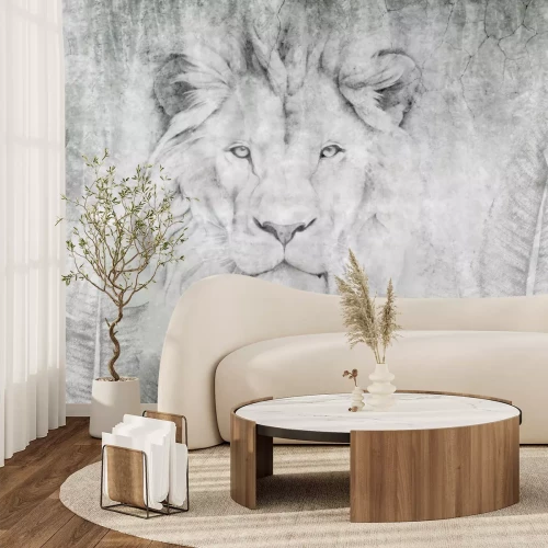 Papier peint  Tête de lion parmi les feuilles sur un mur
