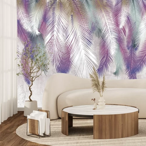 Papier peint  Plumes colorées sur un mur en béton