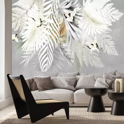 Papier peint  Feuilles de palmier et de fougère parmi les oiseaux