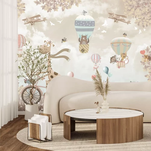 Papier peint  Girafe et autres animaux dans des véhicules au-dessus d'une prairie