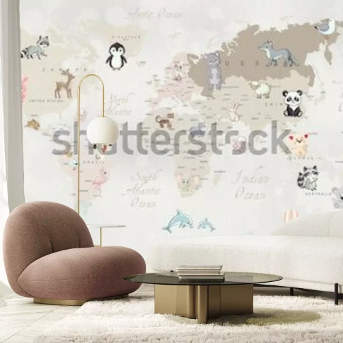 Papier peint  Carte du monde beige avec des animaux