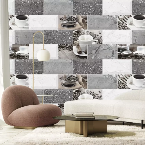 Papier peint  Carreaux de cuisine avec motif de tasses à café et grains