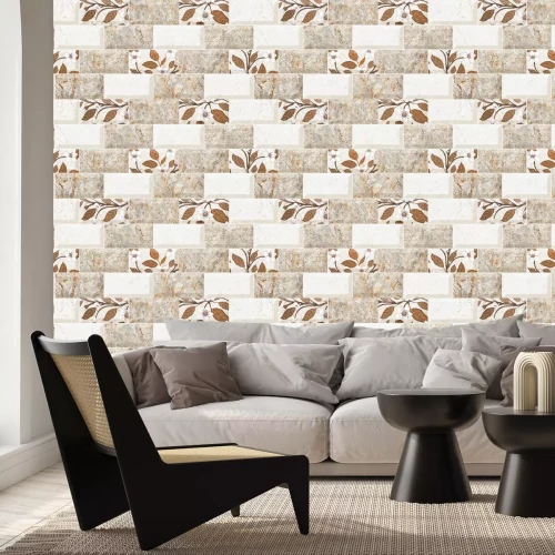 Papier peint  Carreaux beiges avec motif végétal