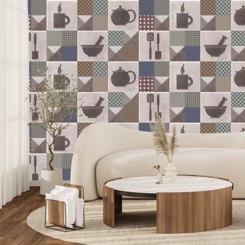 Papier peint  Carreaux carrés avec ustensiles de cuisine