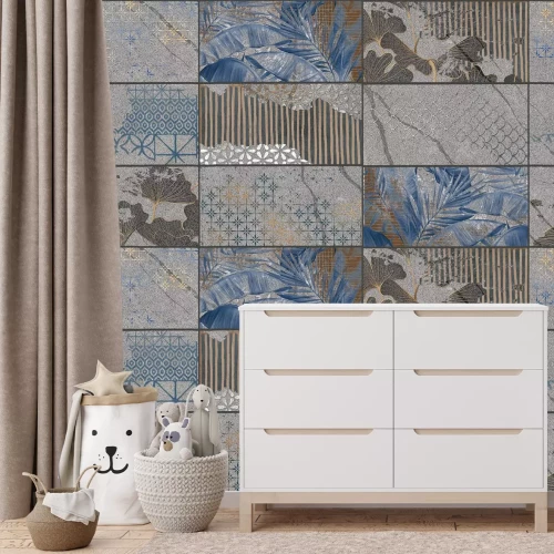 Papier peint  Carreaux foncés avec motif végétal