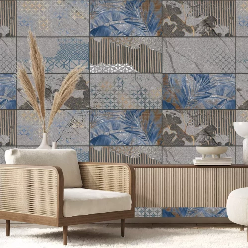 Papier peint  Carreaux foncés avec motif végétal