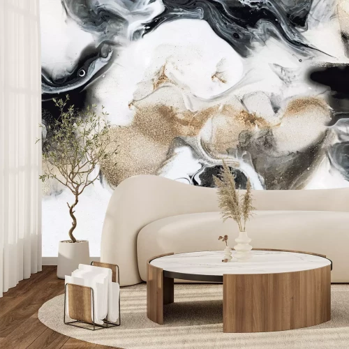 Papier peint  Marbre noir et blanc avec une décoration dorée délicate