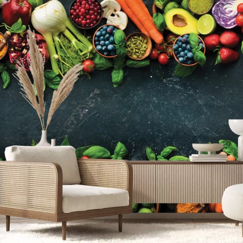 Papier peint  Divers légumes et fruits avec des graines