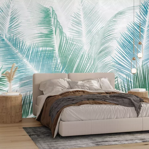 Papier peint  Feuilles de palmier bleues et vertes motif botanique