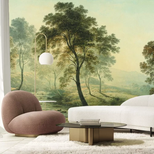 Papier peint  Arbres à feuilles caduques parmi la rivière et les animaux