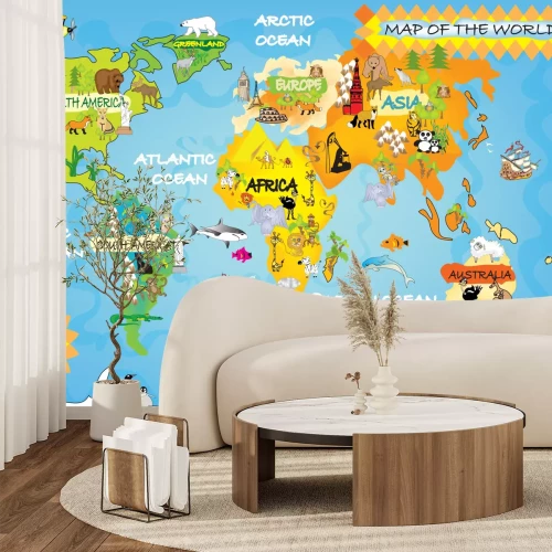 Papier peint  Mappemonde pour enfants avec continents et animaux