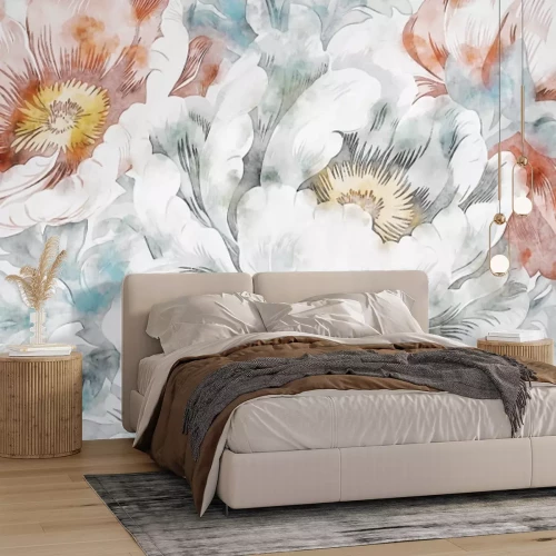 Papier peint  Motif botanique, fleurs peintes à l’aquarelle