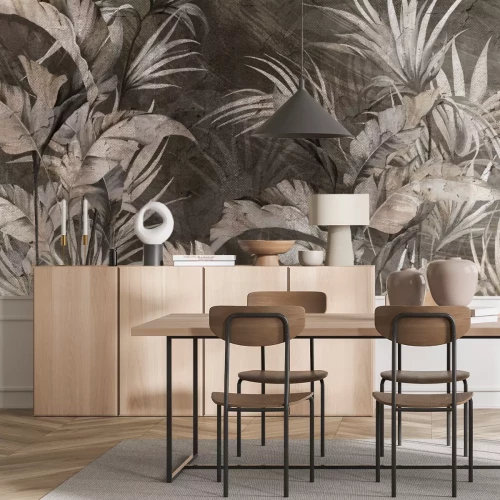 Papier peint  Feuilles tropicales sur fond en béton de style industriel