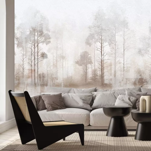 Papier peint  Paysage forestier avec des arbres sur un fond imitant le béton