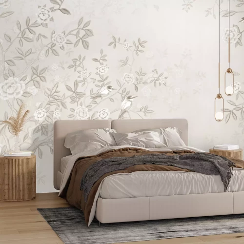 Papier peint  Oiseaux sur les branches d’arbres en fleurs en style vintage