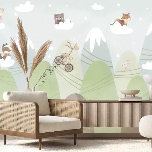 Papier peint  Paysage féerique animaux sur les nuages et montagnes