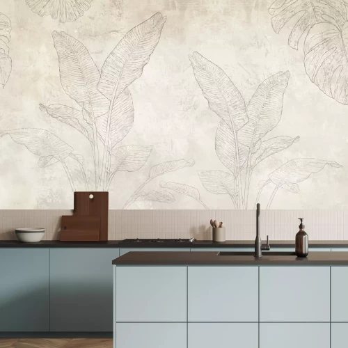 Papier peint  Feuilles délicates de bananier et de monstera en style croquis sur fond béton