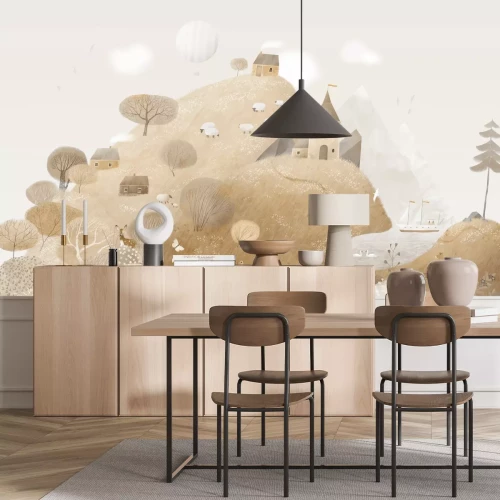 Papier peint  Paysage féerique animaux dans la prairie et maison sur la colline motif enfantin