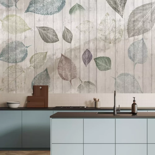 Papier peint  Feuilles sur fond de planches en bois style rustique