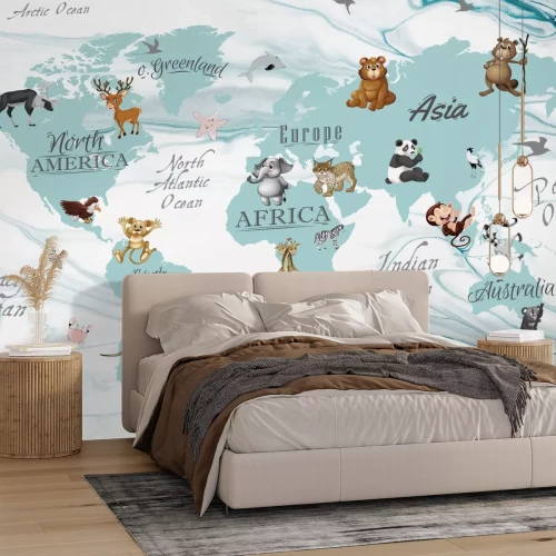 Papier peint  Animaux mignons sur les continents carte du monde pour enfants