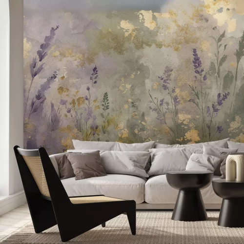 Papier peint  Champ de lavande avec ornements dorés