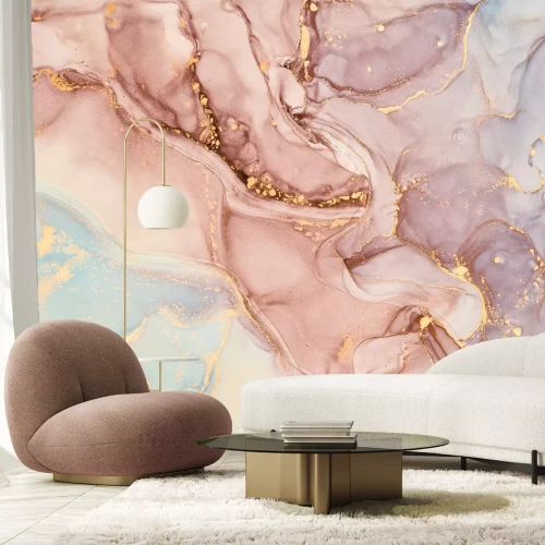Papier peint  Marbre rose et bleu avec de l’or, texture élégante