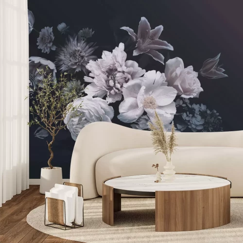 Papier peint  Fleurs et papillons sur fond sombre