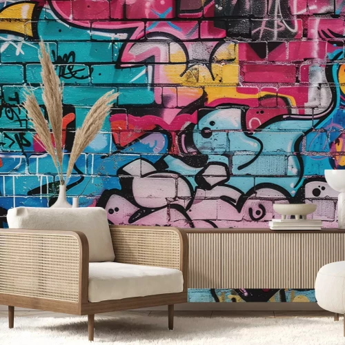 Papier peint  Graffiti colorés sur un mur de briques