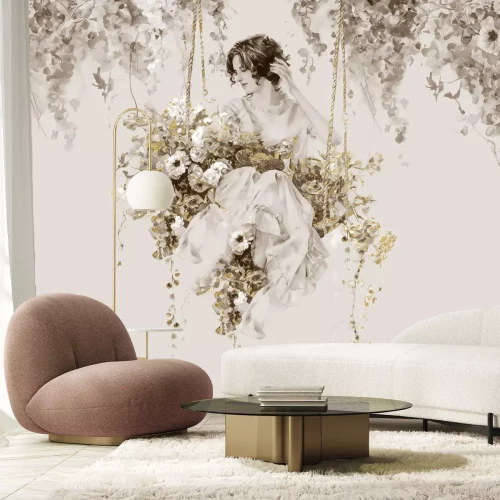 Papier peint  Femme sur une balançoire parmi les fleurs