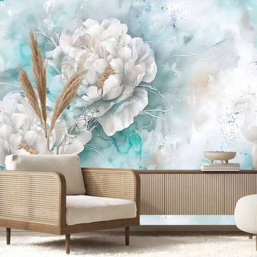 Papier peint  Pivoines blanches sur aquarelle bleue