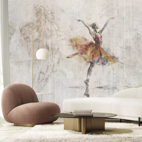 Papier peint  Ailes d’ange et ballerine dansante composition sur fond en béton