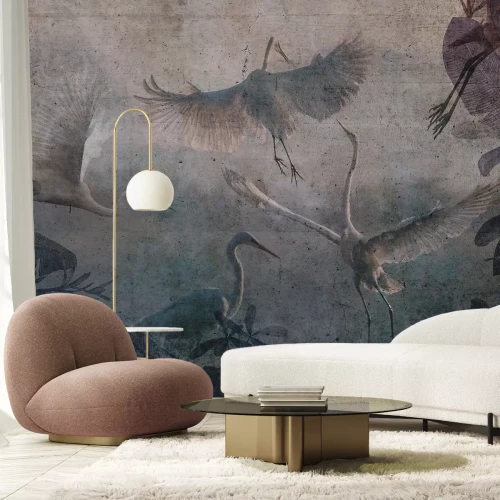 Papier peint  Grues volantes et feuilles tropicales motif sur texture béton