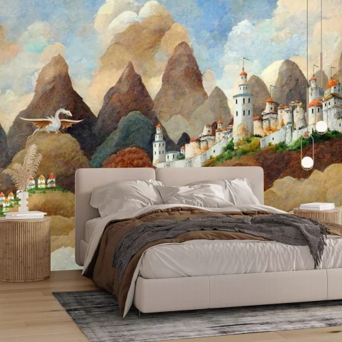 Papier peint  Château et dragon blanc - illustration de conte de fées