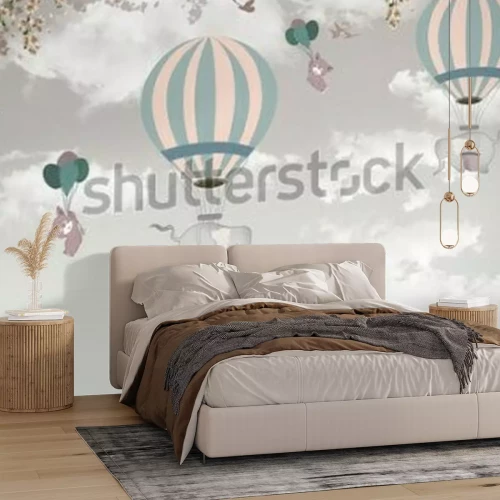 Papier peint  Des éléphants en montgolfière dans le ciel