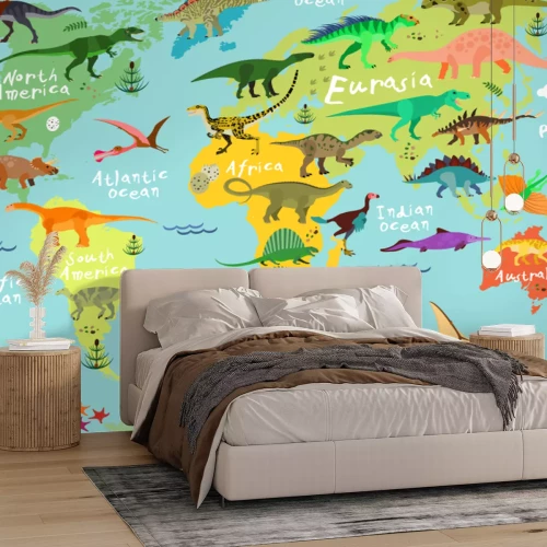 Papier peint  Dinosaures sur une carte du monde